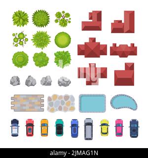 Top view of city elements for scheme vector illustrations set. Aerial view of cars, houses, trees, plants, street or park elements for cityscape plan Stock Vector