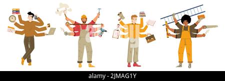 Diverse people with many hands. Multitask, workaholic with multiple tasks concept. Vector flat illustration of businessman, office worker, carpenter and handyman holding many tools Stock Vector