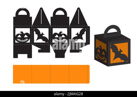 Happy Halloween treat box. Gift party favor box for sweets, candies, small presents, bakery. Simple packaging die cut template for laser cut, great de Stock Vector