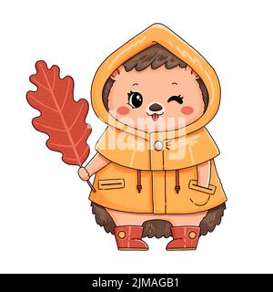 Hedgehog in yellow raincoat with red leaf vector Stock Vector