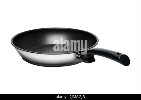 Front view of black and white frying pan isolated on white background Stock Photo