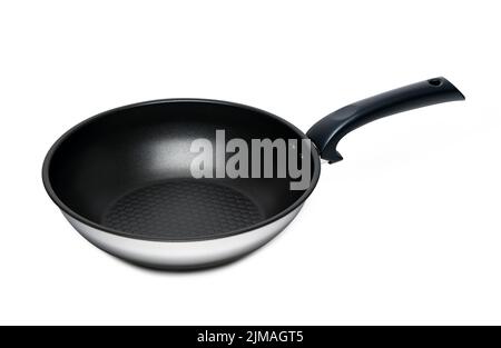 Front view of black and white frying pan isolated on white background Stock Photo