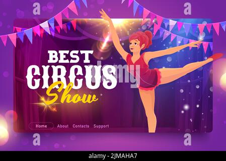Shapito circus cartoon gymnast or aerialist, circus website or landing page vector template. Funfair carnival or circus performance and magic show web Stock Vector