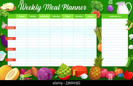Weekly meal planner. Cartoon berry pirates and corsairs on island. Meal ...