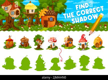 Fairytale cartoon houses, find the correct shadow kids maze game worksheet. Vector matching riddle with snail shell, cone, tree house, amanita mushroo Stock Vector