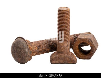 Rusty bolt with a nut  on  white background isolated Stock Photo