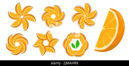 Juicy slices of orange to decorate dessert. Slices of orange in form of sun or flower on top of pie. Cartoon vector isolated on white background Stock Vector