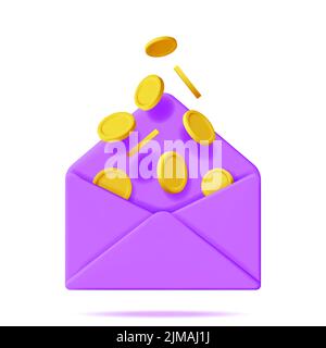 3D Opened Envelope with Gold Coin Inside Stock Vector