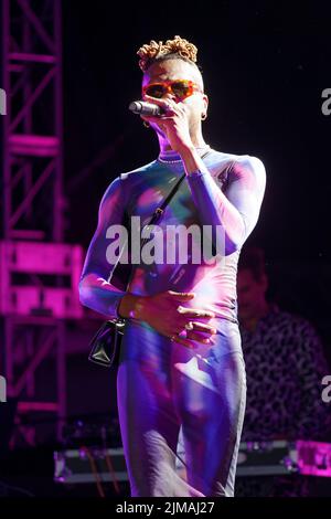 Congolese-born, Montreal based musician Pierre  Kwenders performs on stage at the Olympic Park Esplanade for the opening of the 15th edition of the Mo Stock Photo