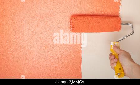 peach wall painting, hand with roller the concept of renovation in the room copy space. Stock Photo