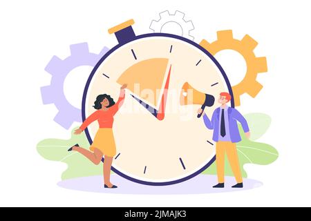 Tiny man and woman in background of huge timer. Man with loudspeaker, keeping time on stopwatch flat vector illustration. Deadline, time management, s Stock Vector