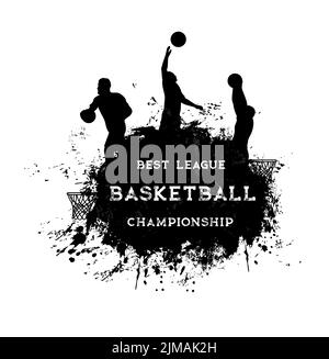 Basketball players silhouettes on grunge background. Basketball championship, sport tournament or league competition vector background with basketball Stock Vector