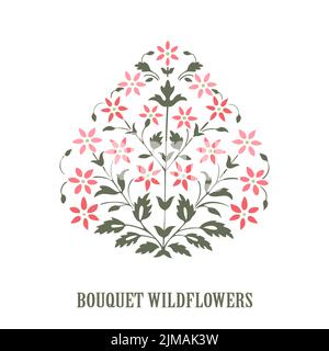 Minimalist wedding invitation floral card. Simple bush of wildflowers, stems, leaves on white background. Vector illustration, greeting card, logo, br Stock Vector