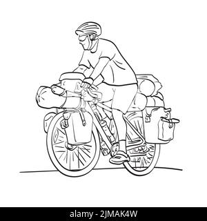 line art bicycle tourist with loaded bike illustration vector hand drawn isolated on white background Stock Vector