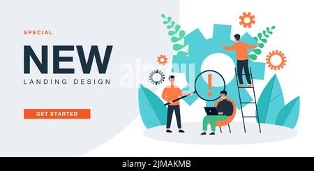 Work of tiny business people with gears. Team of men moving cog wheel, fixing machine together flat vector illustration. Cooperation, challenge concep Stock Vector