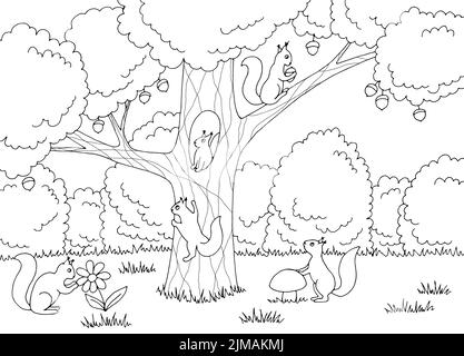 Squirrels on oak tree graphic black white sketch landscape illustration vector Stock Vector