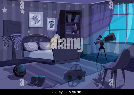 Cartoon empty kid boy bedroom at night. Dark room interior with chair, bed with pillows, bookshelf, window and glowing lamp. Child home place indoor with basketball hoop, telescope and toys on carpet. Stock Vector