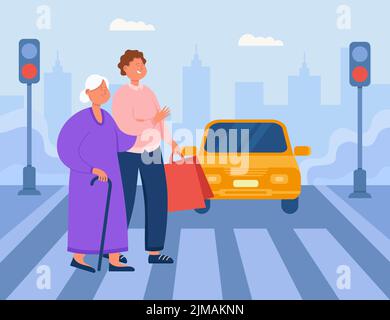 Young man and old lady walking across road in front of car. Life in big city or town, senior crossing street with help of male character flat vector i Stock Vector