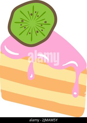 Portion of cake with pink frosting and kiwi semi flat color vector object Stock Vector