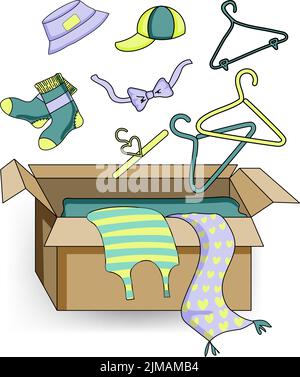 The concept of helping poor people in difficult situations. A hand-drawn vector of different clothes for donations. Charity Day and social aid concept Stock Vector