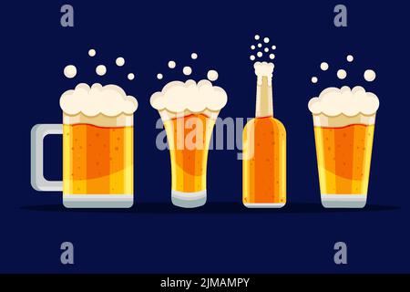 beer glasses and bottle with foam in flat design illustration Stock Vector
