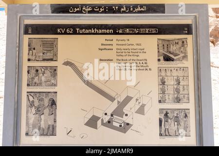 Luxor, Egypt; August 2, 2022 - A signpost at the entrance to Tutankhamuns tomb in the Valley of the Kings, Luxor, Egypt Stock Photo