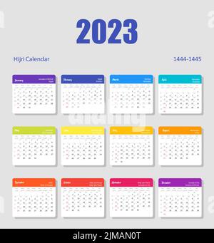 Hijri islamic and gregorian calendar 2023. From 1444 to 1445 vector celebration template. Week starting on sunday. Ready for print. Flat minimal desk Stock Vector