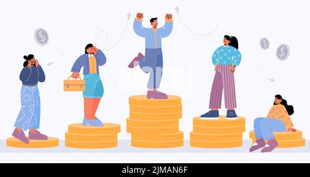 Salary difference concept, people stand on low and high golden coin stacks. Male and female characters of different class and income rate, society hierarchy structure Line art flat vector illustration Stock Vector