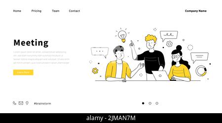 Business event landing page doodle design template. Vector illustration of young team brainstorm meeting. Colleagues sharing creative ideas, working together. Consulting services or coach training Stock Vector
