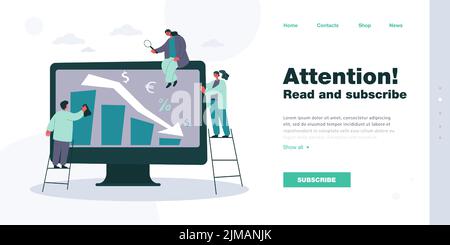 Tiny people analyzing decreasing statistics. Bar graphs on computer screen flat vector illustration. Finance, business, economy concept for banner, we Stock Vector