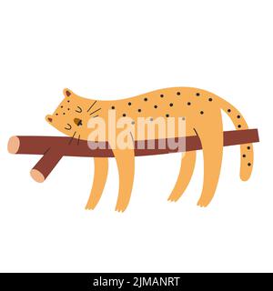 Cute leopard sleeping on a tree branch, lying wildcat illustration, spotted jaguar, safari animal, vector art in scandinavian style isolated Stock Vector