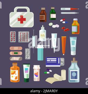 Various pills and drugs bottles cartoon illustration set. Syringe, thermometer, analgesic, elixirs with label, medication against disease. Doctors pre Stock Vector