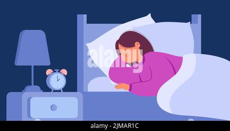 Woman suffering from insomnia flat vector illustration. Depressed and sad female person lying in bed with open eyes and unable to sleep at night. Slee Stock Vector