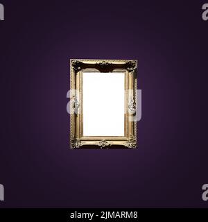 Antique art fair gallery frame on royal purple wall at auction house or museum exhibition, blank template with empty white copyspace for mockup design Stock Photo