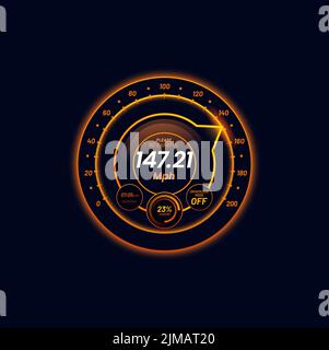 Car futuristic speedometer gauge neon dial neon scale. Automobile or motorcycle speed meter counter, auto dashboard vector gauge or tachometer indicat Stock Vector