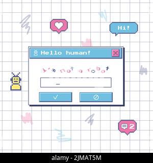 A dialog box with a robot check. A captcha window in style of an old computer. Nostalgic retro 90s user interface. Pixel stickers with icons. Vector i Stock Vector