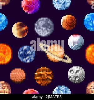 8bit pixel art space planets and stars seamless pattern, vector background of fantastic galaxy. Saturn and alien earth planets in 8 bit pixel art, ast Stock Vector