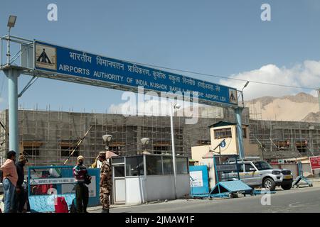 Leh Airport, Ladakh, India 10 April 2022 - Kushok Bakula Rimpochee Domestic Airport Sign Board By Airport Authority Of India At The Entrance Of Domest Stock Photo