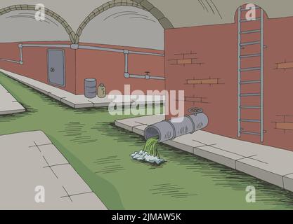 Sewerage tunnel pipe system color interior sketch illustration vector Stock Vector