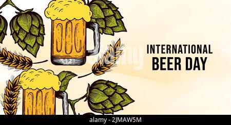 hand drawn international beer day background illustration with glass of beer, hops, and wheat Stock Vector