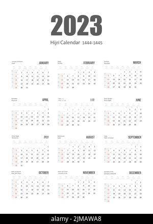 Hijri islamic and gregorian calendar 2023. From 1444 to 1445 vector celebration template. Week starting on sunday. Ready for print. Flat minimal desk Stock Vector