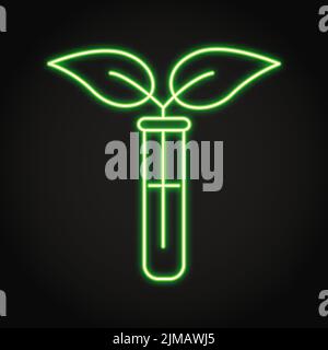 Organic chemistry concept neon icon in line style. Test tube with leaf branch. Bioengineering, biotechnology. Vector illustration. Stock Vector