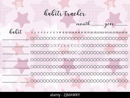 Habits tracker printable template. Blank notebook page horizontal A4. Vector illustration of paper sheet for marking habits success in month. Abstract Stock Vector