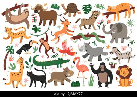 Jungle animals bungle, tropical leopard, felines, dancing giraffe and zebra, sleeping jaguar, set of vector illustrations, cute characters for Stock Vector