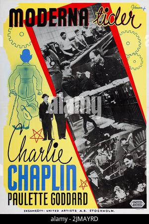 Moderna tider, Charlie Chaplin, Paulette Goddard - Modern Times (United Artists, R-1947). Swedish film poster. Rohman artwork. Stock Photo
