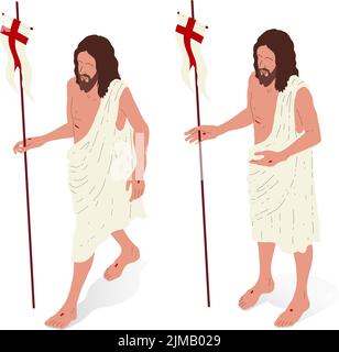 Risen Jesus standing, front and side view. Isometric vector illustration, isolated figure. Stock Vector