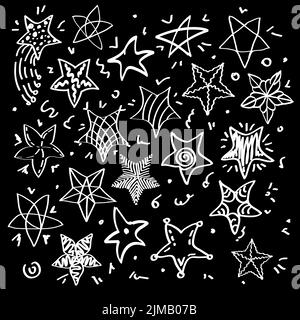 A set of cute, hand-drawn doodle stars. Objects of different shapes, sizes, and patterns. Design elements on a black background Stock Vector