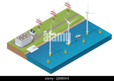 Isometric Green energy industry. Wind turbines generating electricity Sustainable renewable power and a wave power station is a power station located Stock Vector