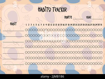 Habits tracker printable template. Blank notebook page horizontal A4. Vector illustration of paper sheet for marking habits success in month. Abstract Stock Vector