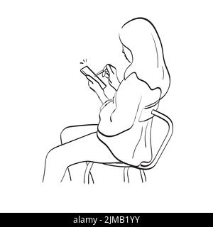 line art woman using pen on smartphone illustration vector hand drawn isolated on white background Stock Vector